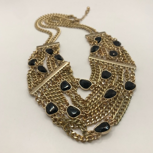 Gold-Tone and Black Cabochons Multi Layered Chain Necklace - Picture 4 of 8